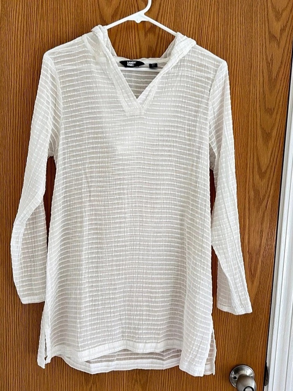 Lands’ End Hooded Sheer Swimsuit Beach Cover-Up Women’s XS (2-4) White Striped